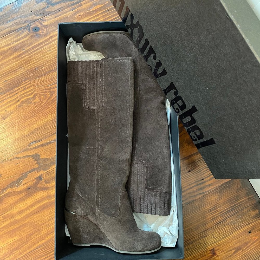 Luxury Rebel Effie Brown Suede Wedge Kneehigh Boot - Picture 4 of 5